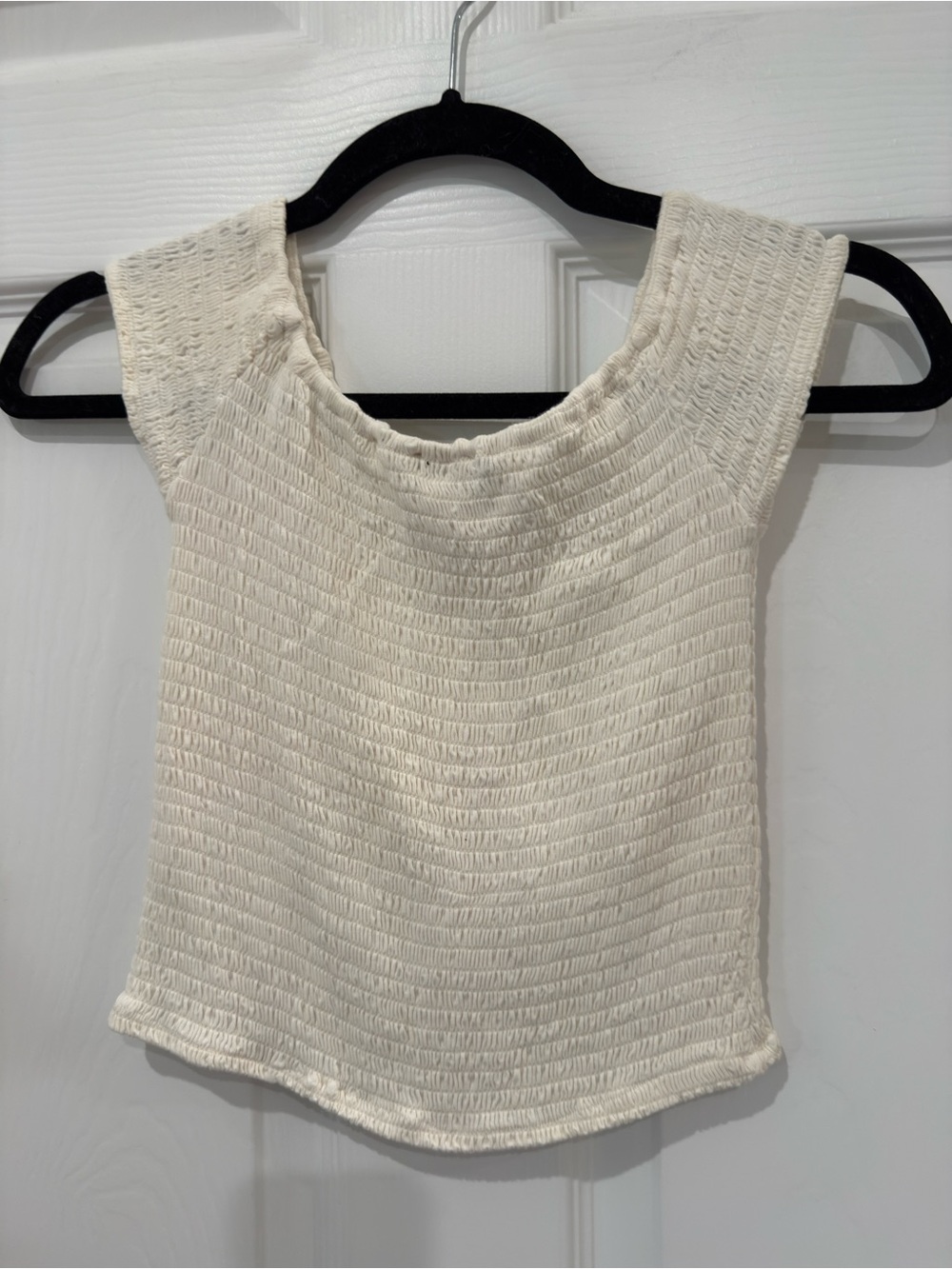 Brandy Melville Charlene Shirred Off-Shoulder Light Cream Ribbed Crop Top